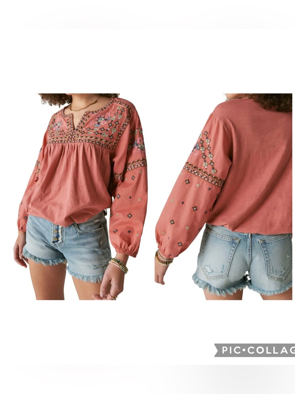 LUCKY BRAND Women’s Coral Bubble Hem Peasant Blouse Beaded Embroidered Size L